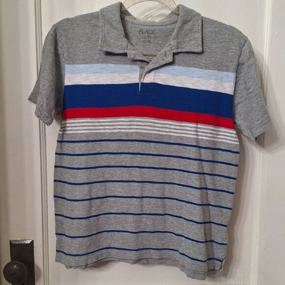 🚗 SALE! 5/$50 Boys Red White & Blue Colorblock Short Sleeve Polo -Large (10-12) - Picture 2 of 7